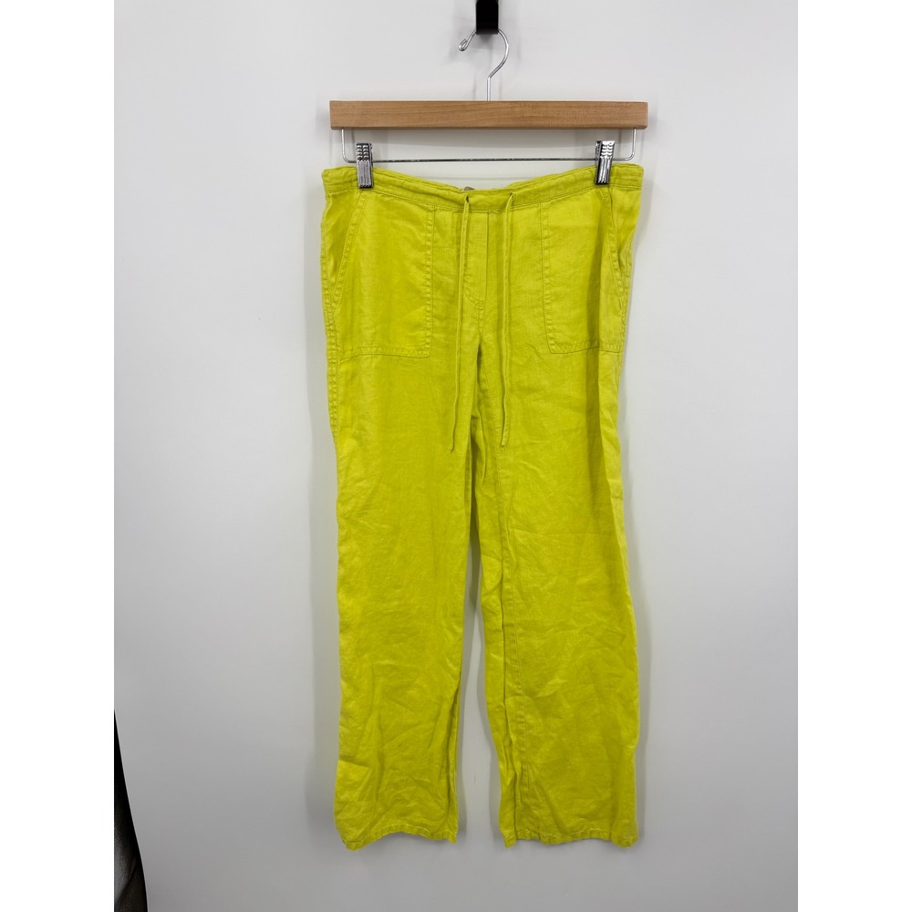 London Jean Chino Pants Women XXS Lime Green 100% Linen Drawstring Straight Leg